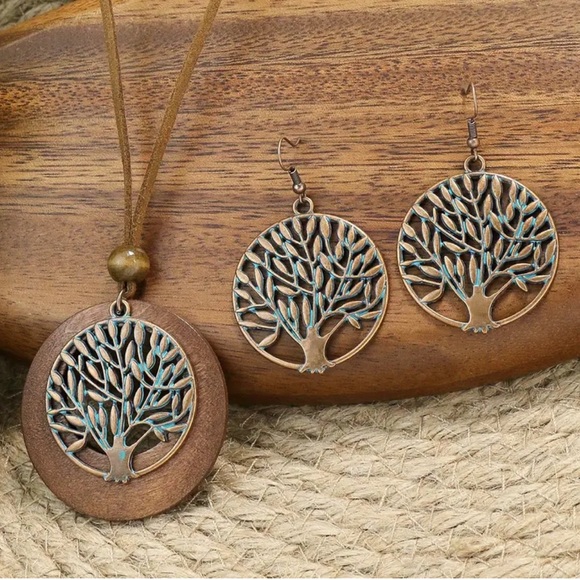 924 ❤️ Tree of Life Boho Wooden Necklace & Earrings Jewelry Bohemian Set - Picture 1 of 7